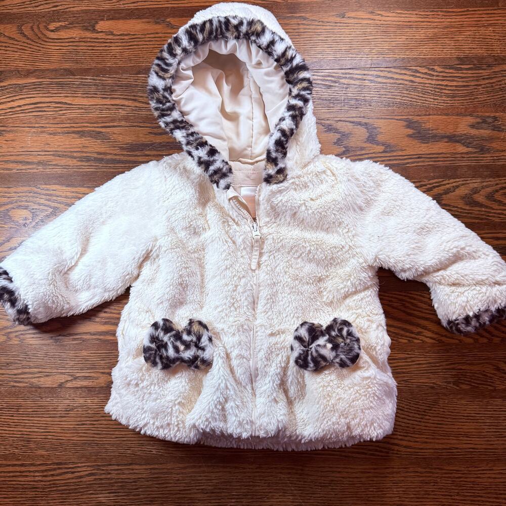 2T White Sherpa Fleece Hooded Jacket Leopard Print Trim Bows Zip Up Girls